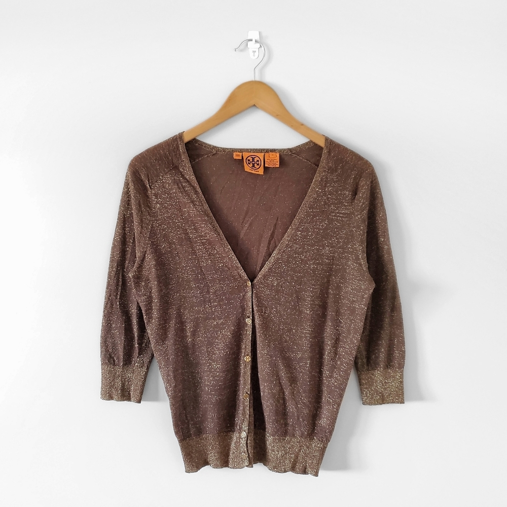 TORY BURCH Brown Sparkle Button Up Cardigan